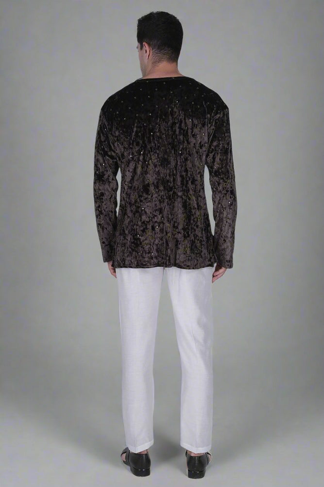 
                      
                        Men’s Velvet Kurta with Floral Embroidery and Sequins
                      
                    