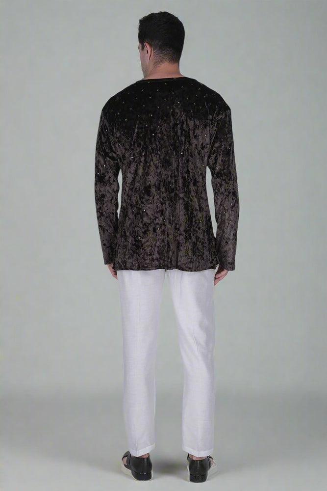 Men’s Velvet Kurta with Floral Embroidery and Sequins & White Viscose Blend Pajama Pant Set