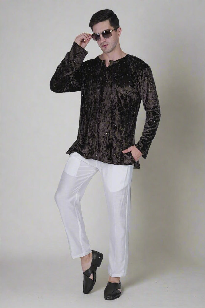 
                      
                        Men’s Velvet Kurta with Floral Embroidery and Sequins
                      
                    