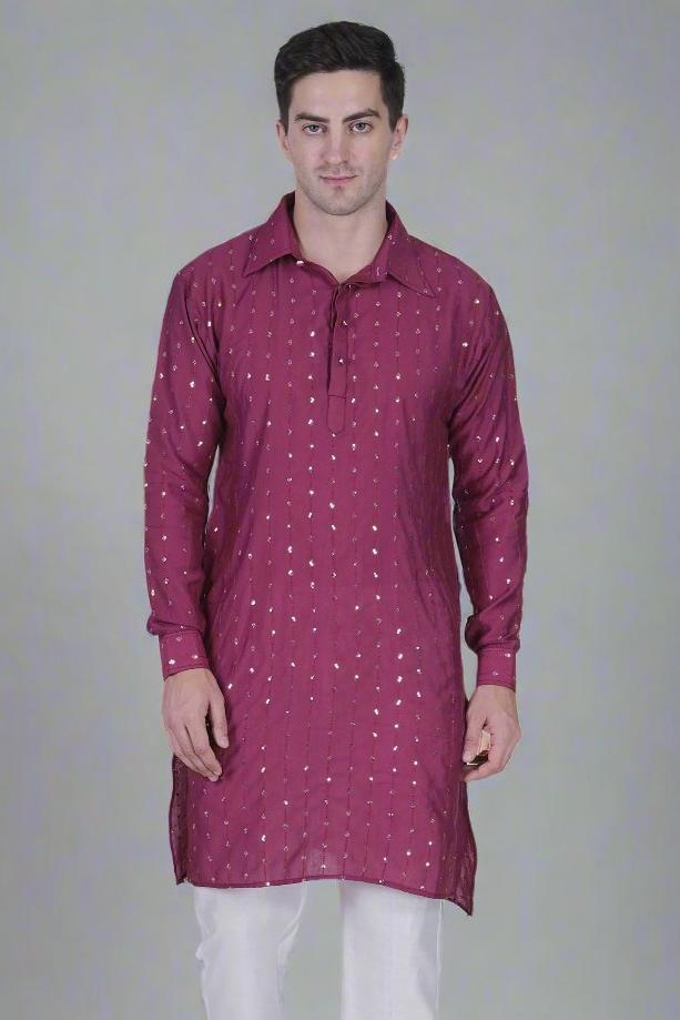 
                      
                        Men’s Viscose Blend Kurta with Line Embroidery and Sequins
                      
                    