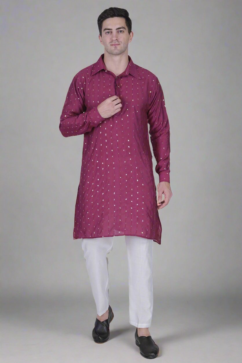 Men’s Viscose Blend Kurta with Line Embroidery and Sequins & White Viscose Blend Pajama Pant