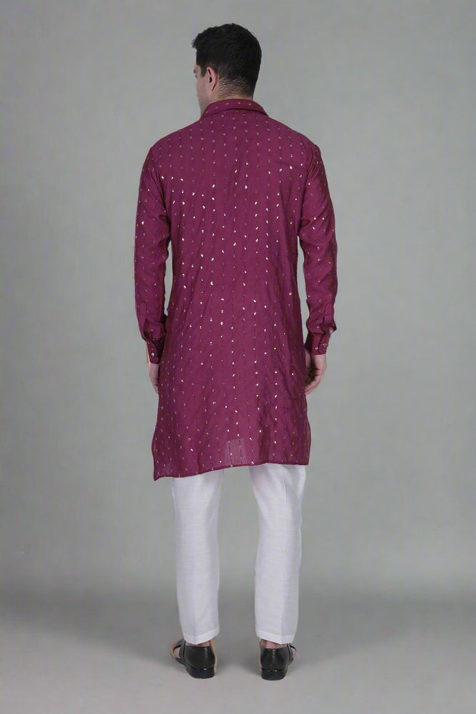 
                      
                        Men’s Viscose Blend Kurta with Line Embroidery and Sequins & White Viscose Blend Pajama Pant
                      
                    