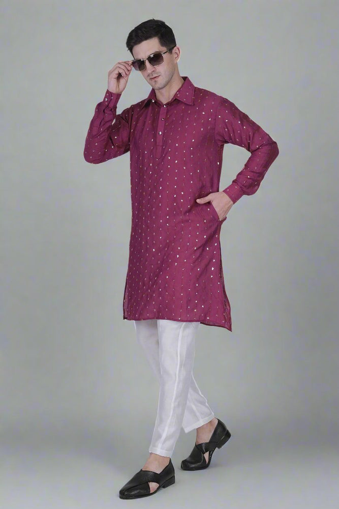 
                      
                        Men’s Viscose Blend Kurta with Line Embroidery and Sequins & White Viscose Blend Pajama Pant
                      
                    