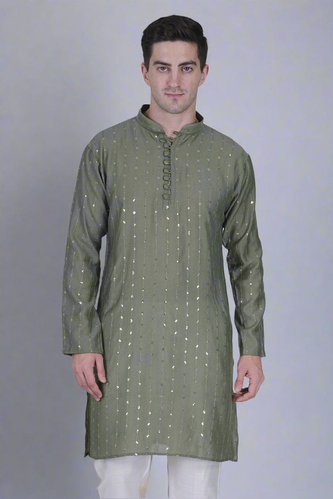 
                      
                        Men’s Viscose Blend Kurta with Line Embroidery and Sequins
                      
                    