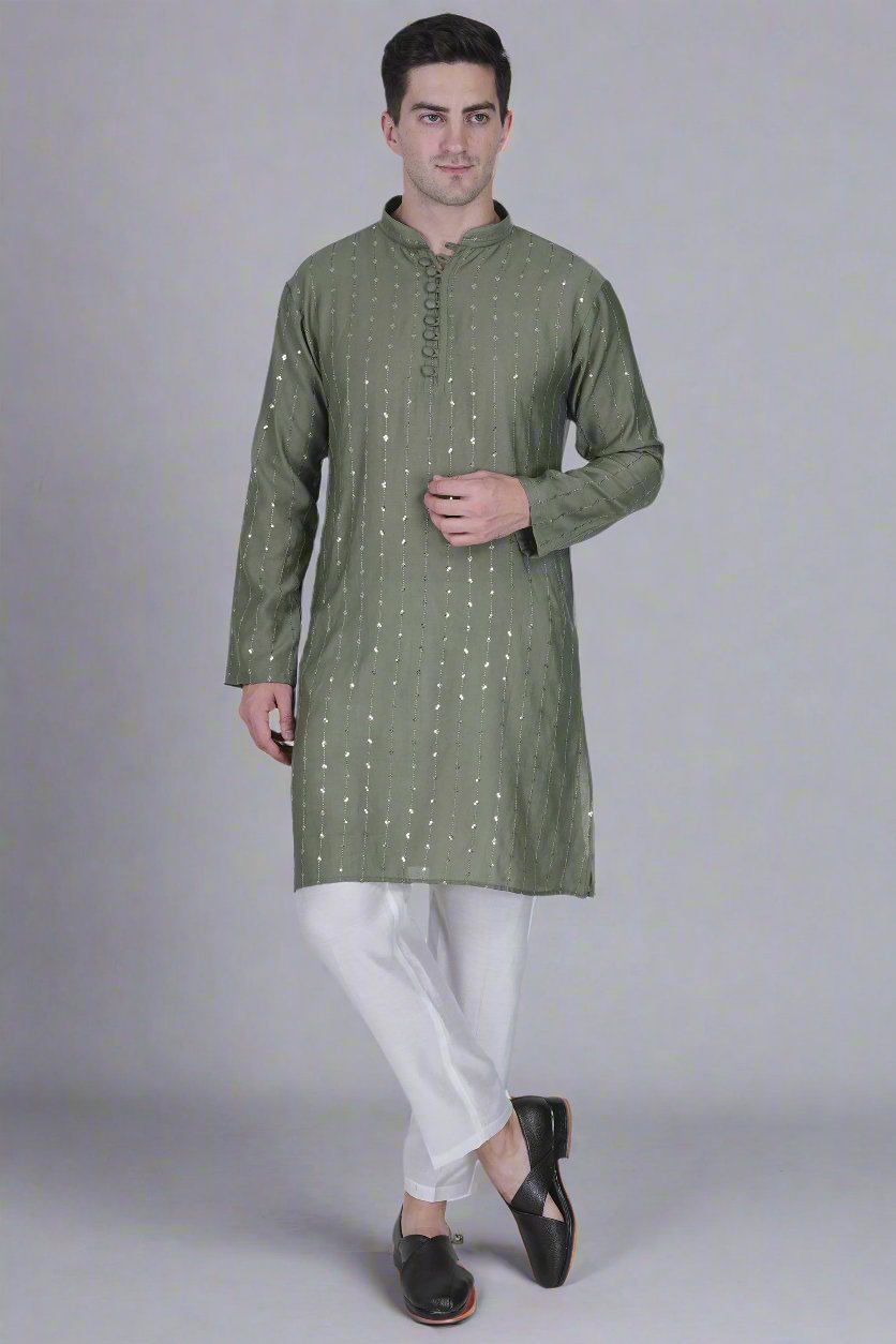 Men’s Viscose Blend Kurta with Line Embroidery and Sequins & White Viscose Blend Pajama Pant