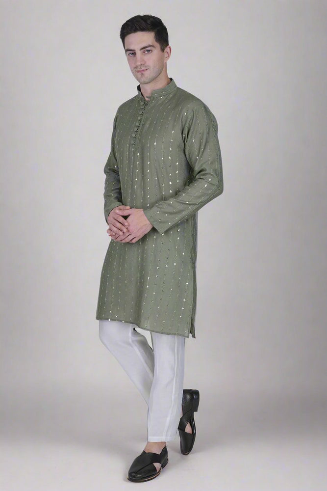 
                      
                        Men’s Viscose Blend Kurta with Line Embroidery and Sequins
                      
                    