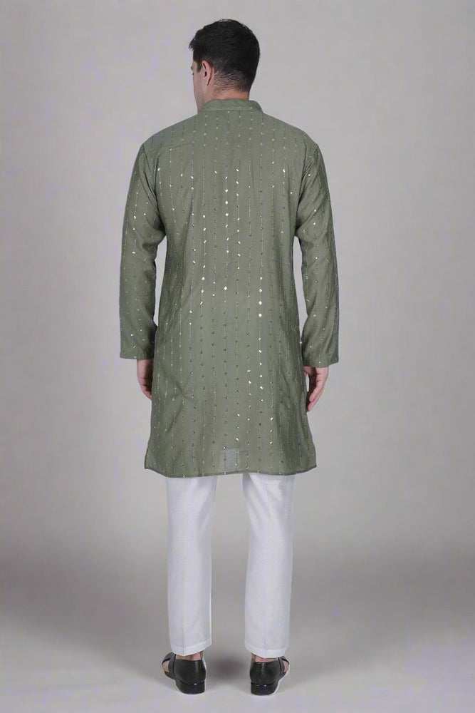 
                      
                        Men’s Viscose Blend Kurta with Line Embroidery and Sequins & White Viscose Blend Pajama Pant
                      
                    