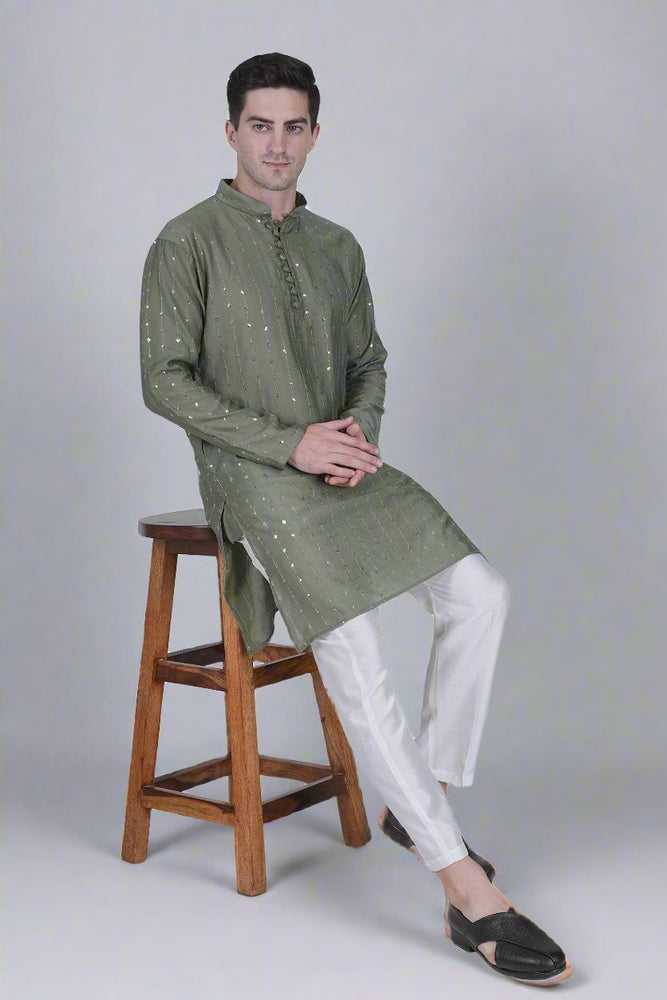 
                      
                        Men’s Viscose Blend Kurta with Line Embroidery and Sequins
                      
                    