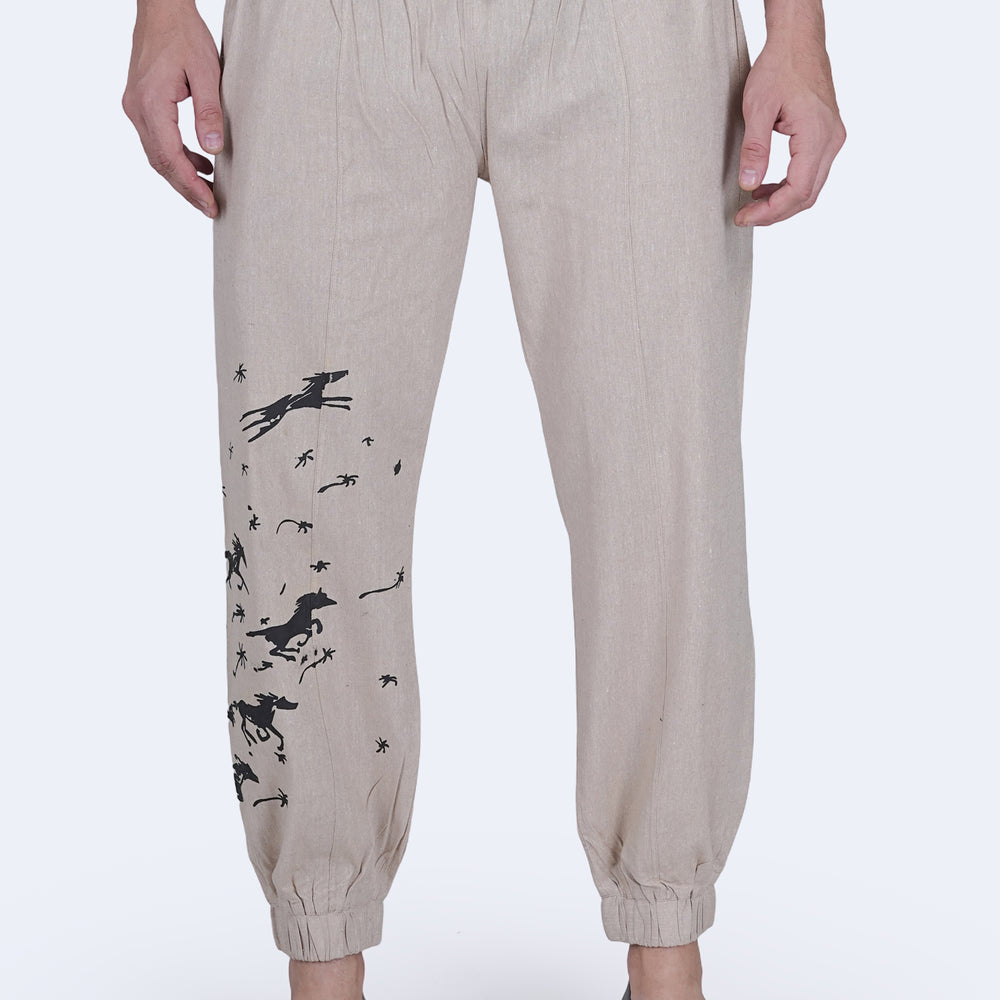 Beige Cotton Linen touch Men's Pajama Pant with horse print