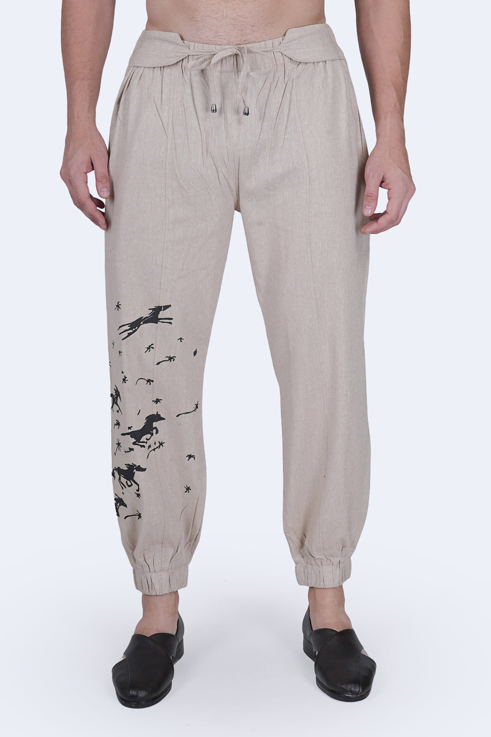 Beige Cotton Linen touch Men's Pajama Pant with horse print