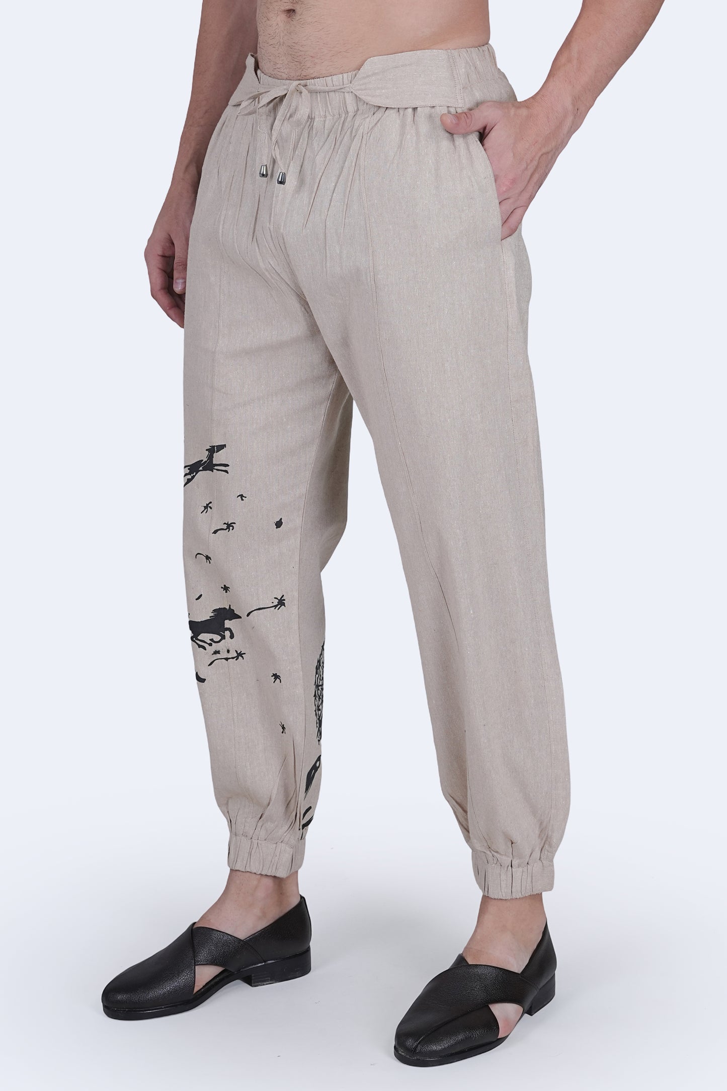 Beige Cotton Linen touch Men's Pajama Pant with horse print