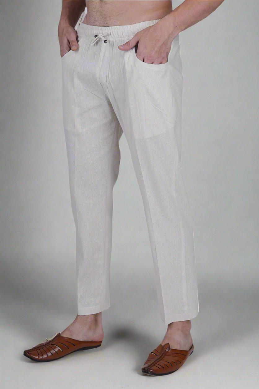 White Cotton linen touch Men's Pajama - Nirmal Online