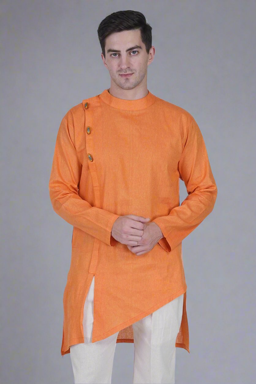 Orange cotton linen touch Men's Kurta