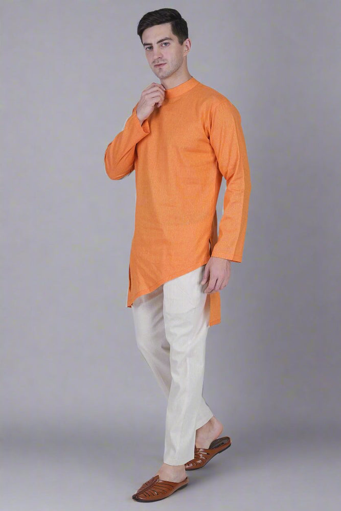 
                      
                        Orange cotton linen touch Men's Kurta & White Cotton linen touch Pajama Pant Set
                      
                    