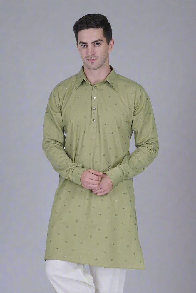 
                      
                        Men’s Cotton Linen Blend Kurta with Floral Embroidery and Sequins
                      
                    