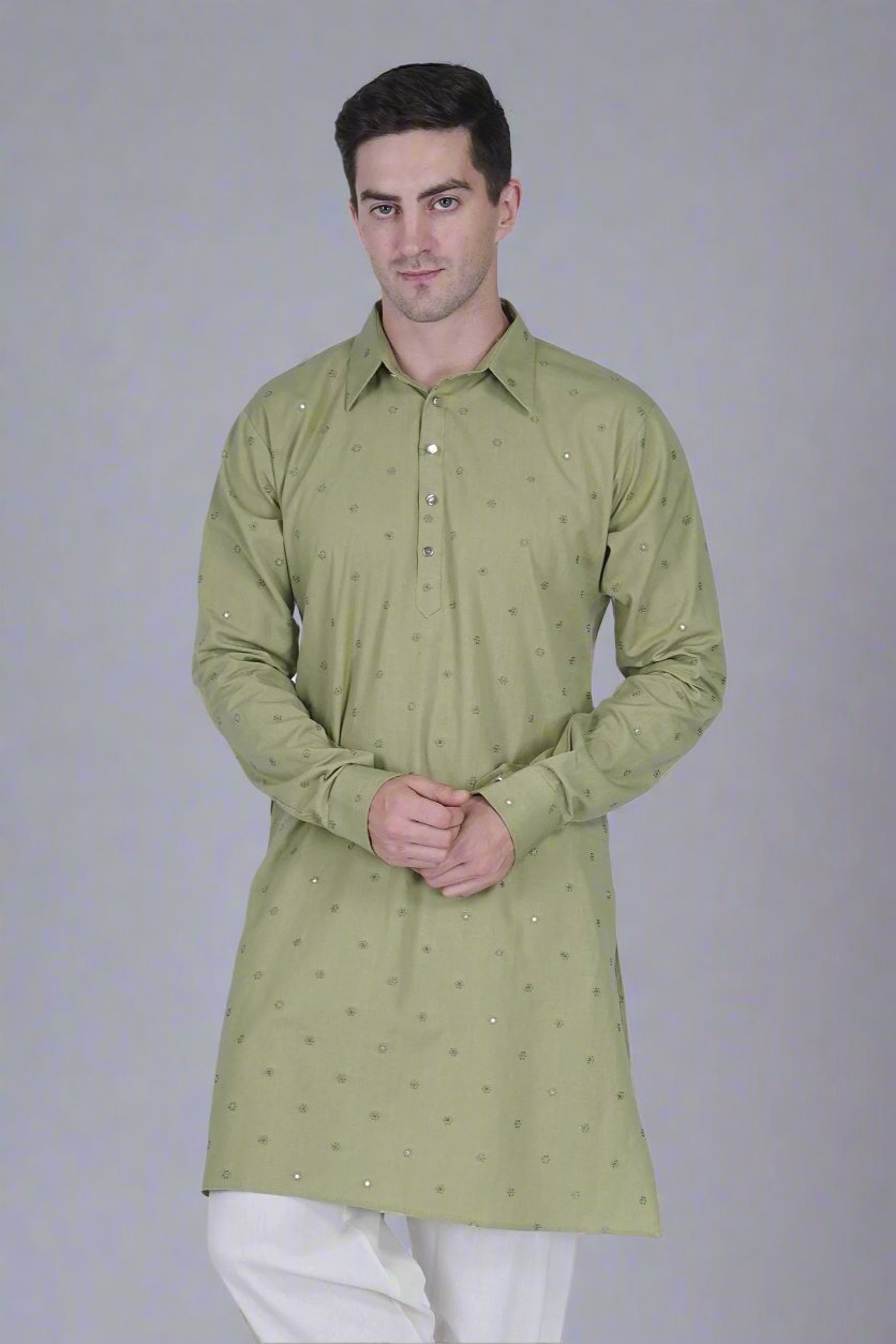 Men’s Cotton Linen Blend Kurta with Floral Embroidery and Sequins