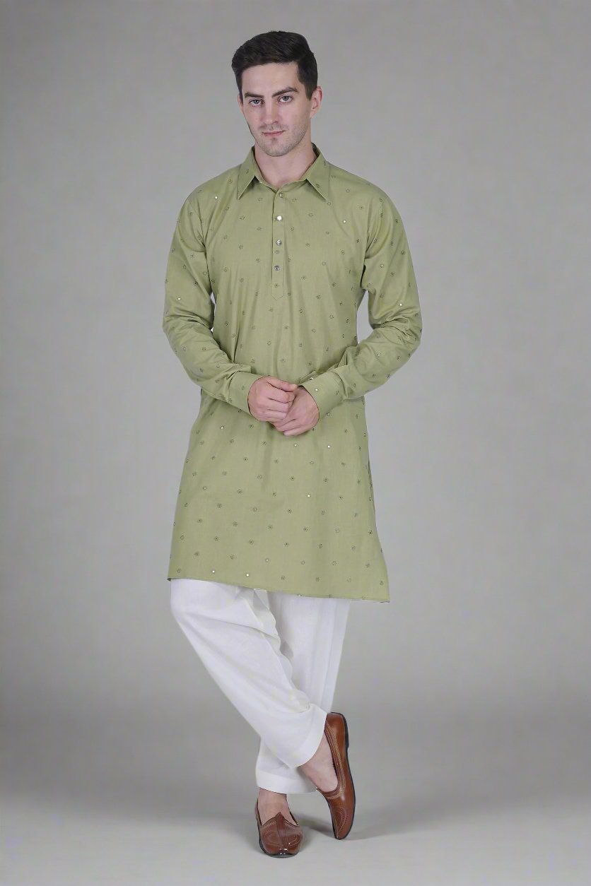 Men’s Cotton Linen Blend Kurta with Floral Embroidery and Sequins & White Cotton Linen blend Pajama