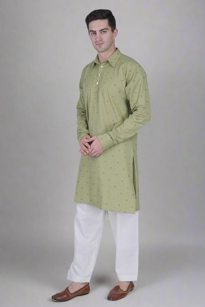 Men’s Cotton Linen Blend Kurta with Floral Embroidery and Sequins