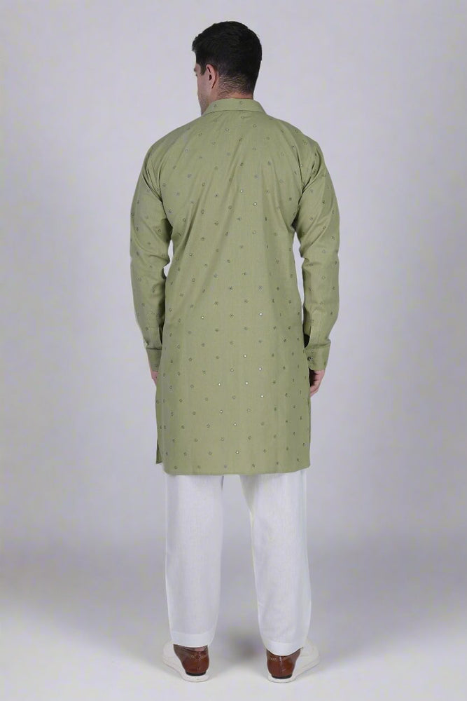 
                      
                        Men’s Cotton Linen Blend Kurta with Floral Embroidery and Sequins & White Cotton Linen blend Pajama
                      
                    