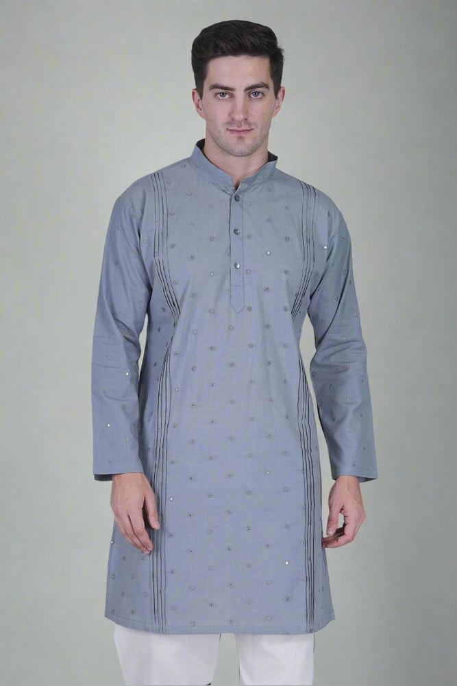 
                      
                        Men’s Cotton Linen Blend Kurta with Floral Embroidery and Sequins
                      
                    