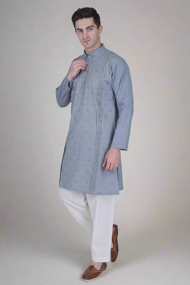 Men’s Cotton Linen Blend Kurta with Floral Embroidery and Sequins