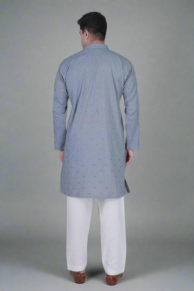 
                      
                        Men’s Cotton Linen Blend Kurta with Floral Embroidery and Sequins &  White Cotton Linen blend Men's salwar Pajama
                      
                    