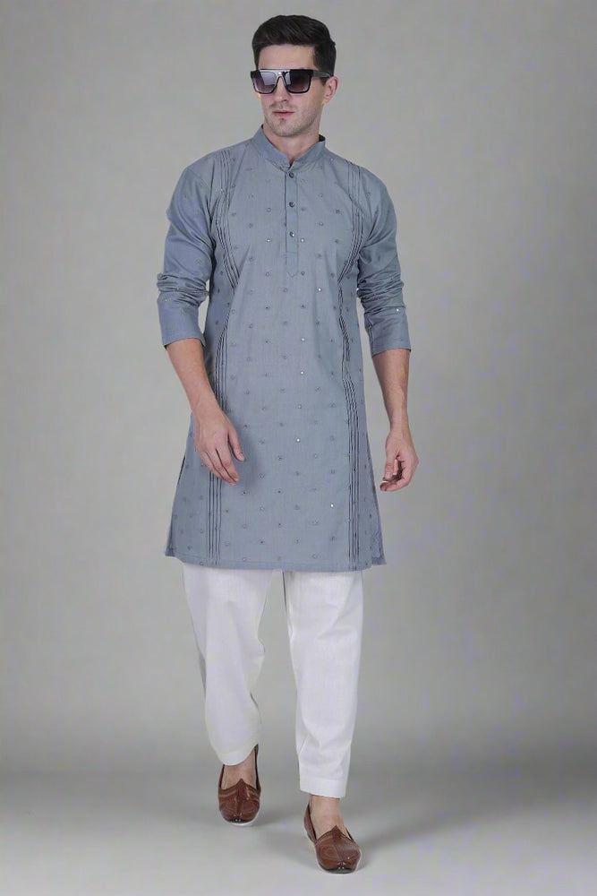 
                      
                        Men’s Cotton Linen Blend Kurta with Floral Embroidery and Sequins
                      
                    