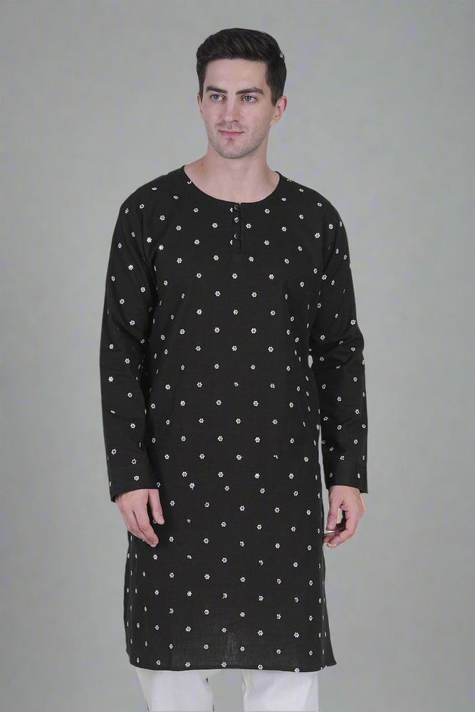 
                      
                        Men’s Cotton Linen Blend Kurta with White Floral Embroidery and Sequins
                      
                    