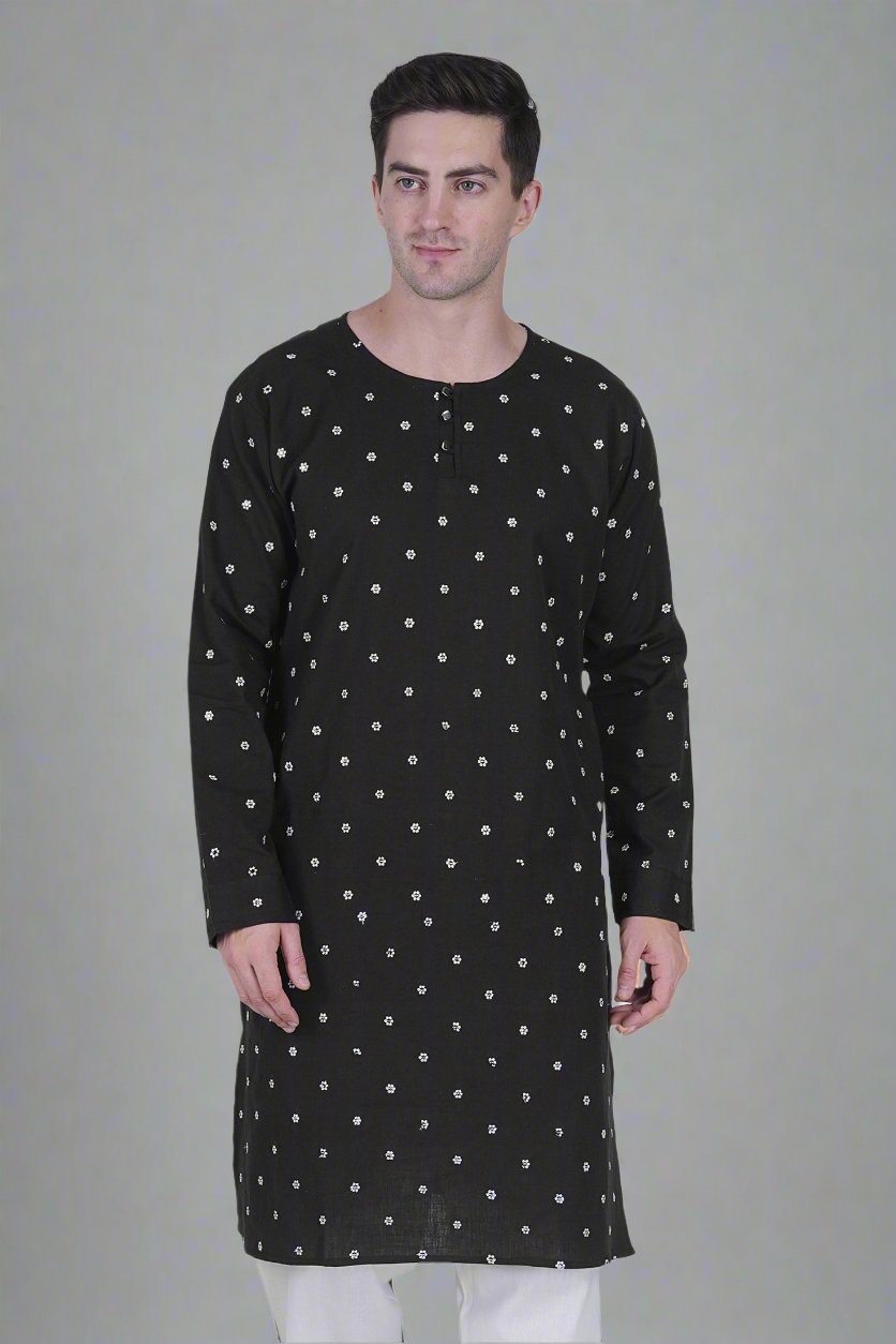 Men’s Cotton Linen Blend Kurta with White Floral Embroidery and Sequins