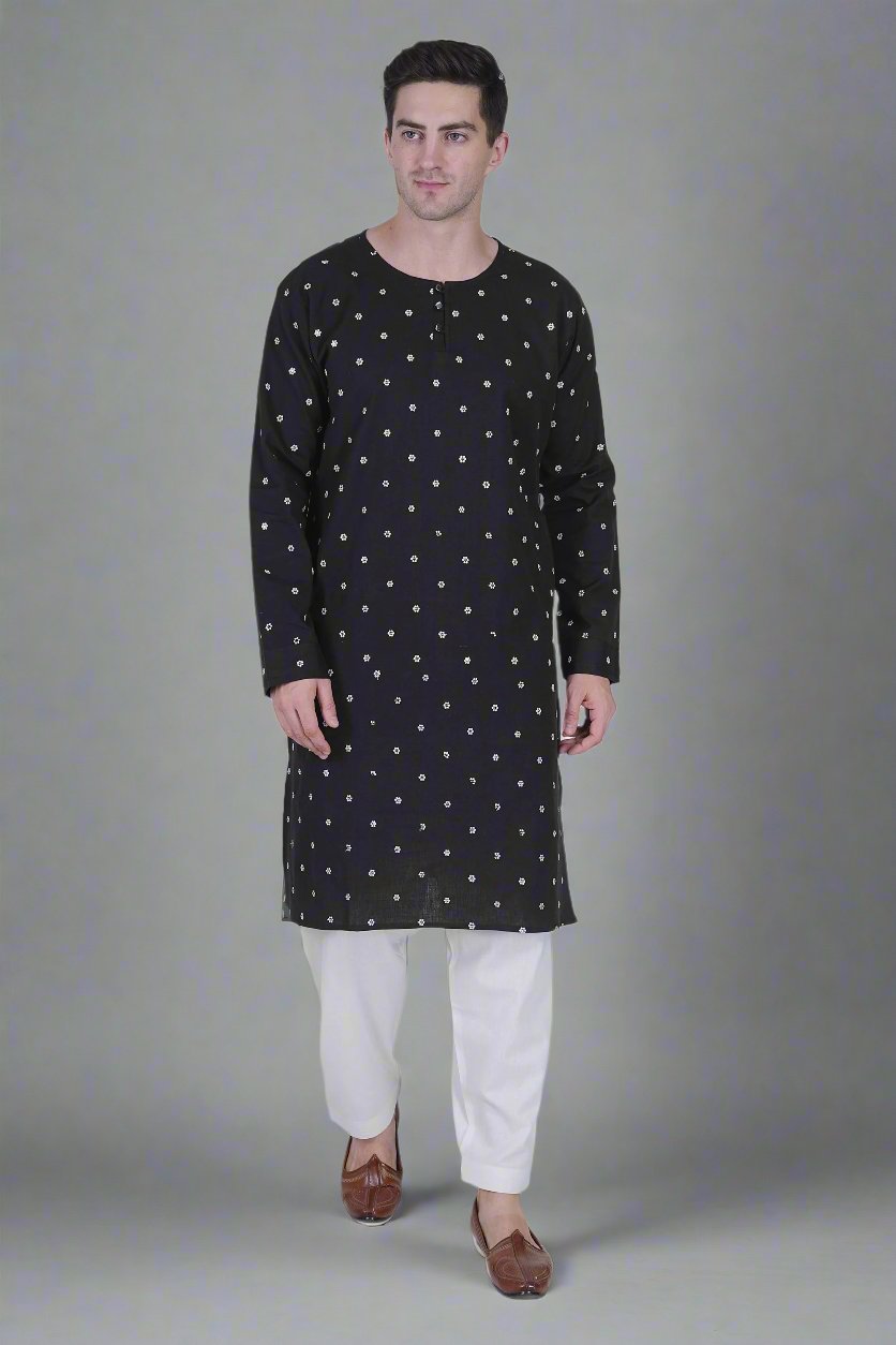 Men’s Cotton Linen Blend Kurta with White Floral Embroidery and Sequins & White Cotton Linen blend Men's salwar Pajama