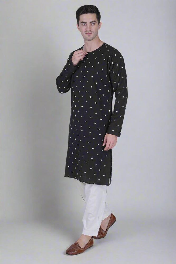 Men’s Cotton Linen Blend Kurta with White Floral Embroidery and Sequins