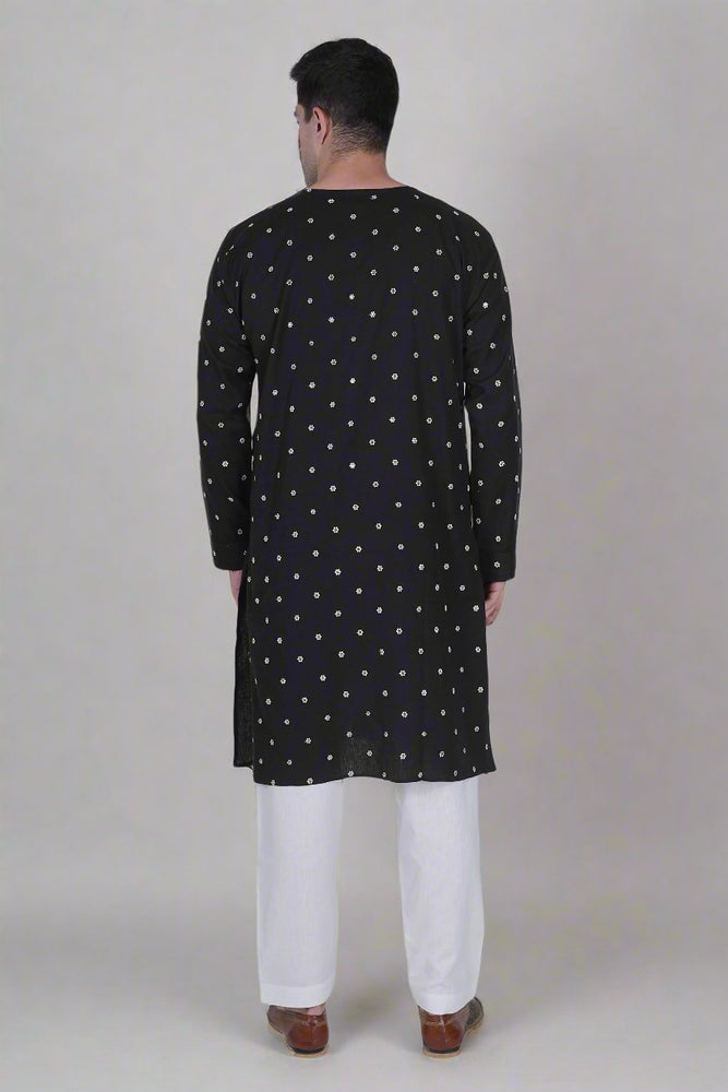 
                      
                        Men’s Cotton Linen Blend Kurta with White Floral Embroidery and Sequins & White Cotton Linen blend Men's salwar Pajama
                      
                    