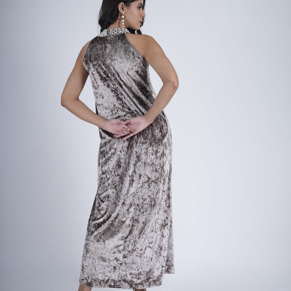 Moonlit Elegance High-Neck Velvet Gown