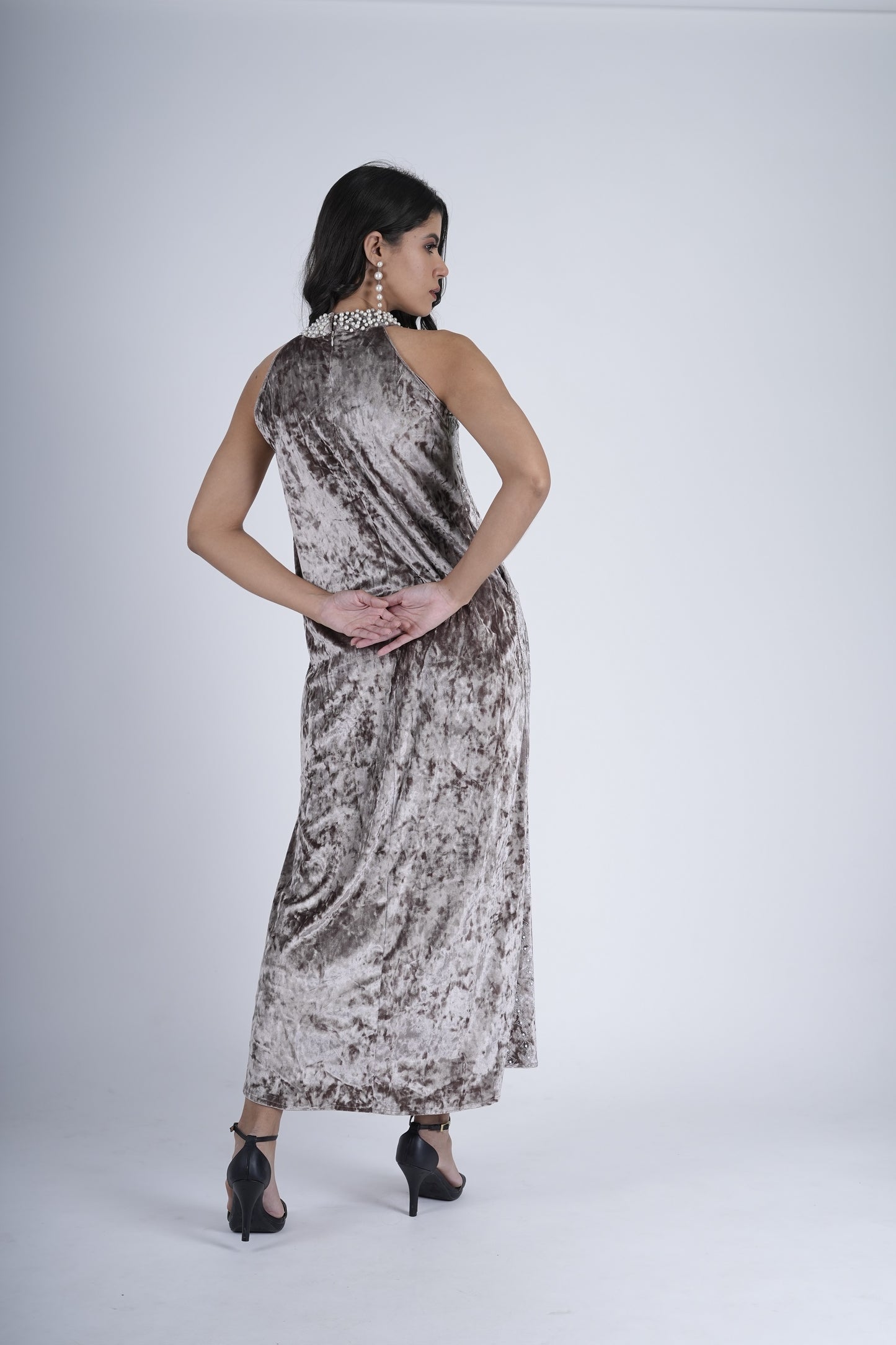 Moonlit Elegance High-Neck Velvet Gown