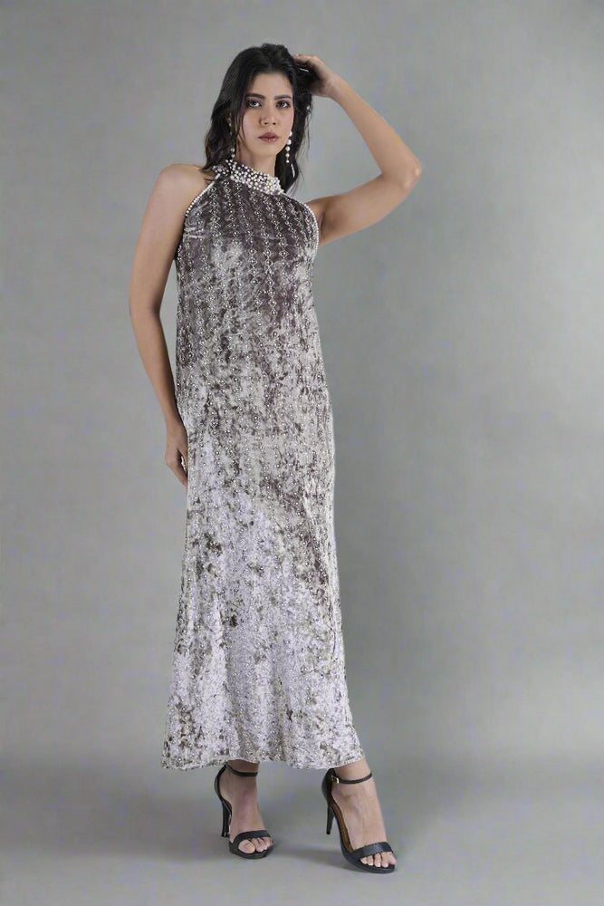 Moonlit Elegance High-Neck Velvet Gown