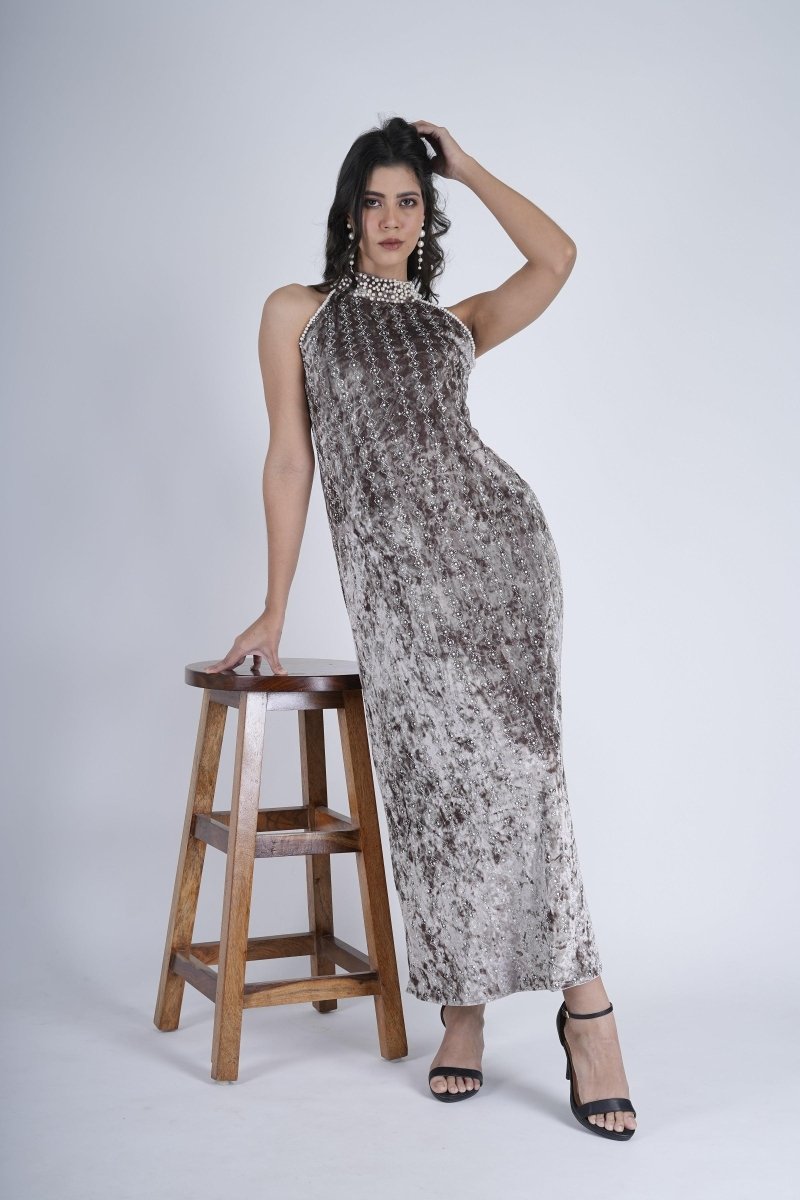 Moonlit Elegance High-Neck Velvet Gown - Nirmal Online