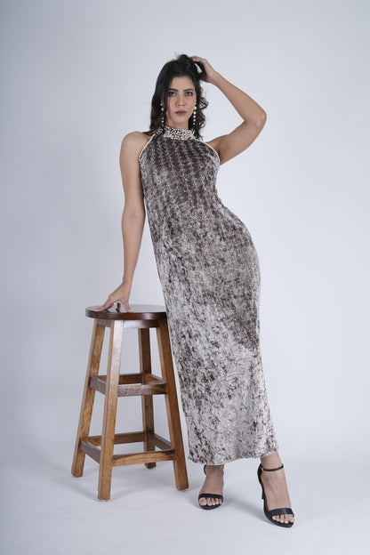 Moonlit Elegance High-Neck Velvet Gown