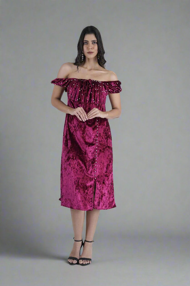 Berry Off-Shoulder Velvet Dress