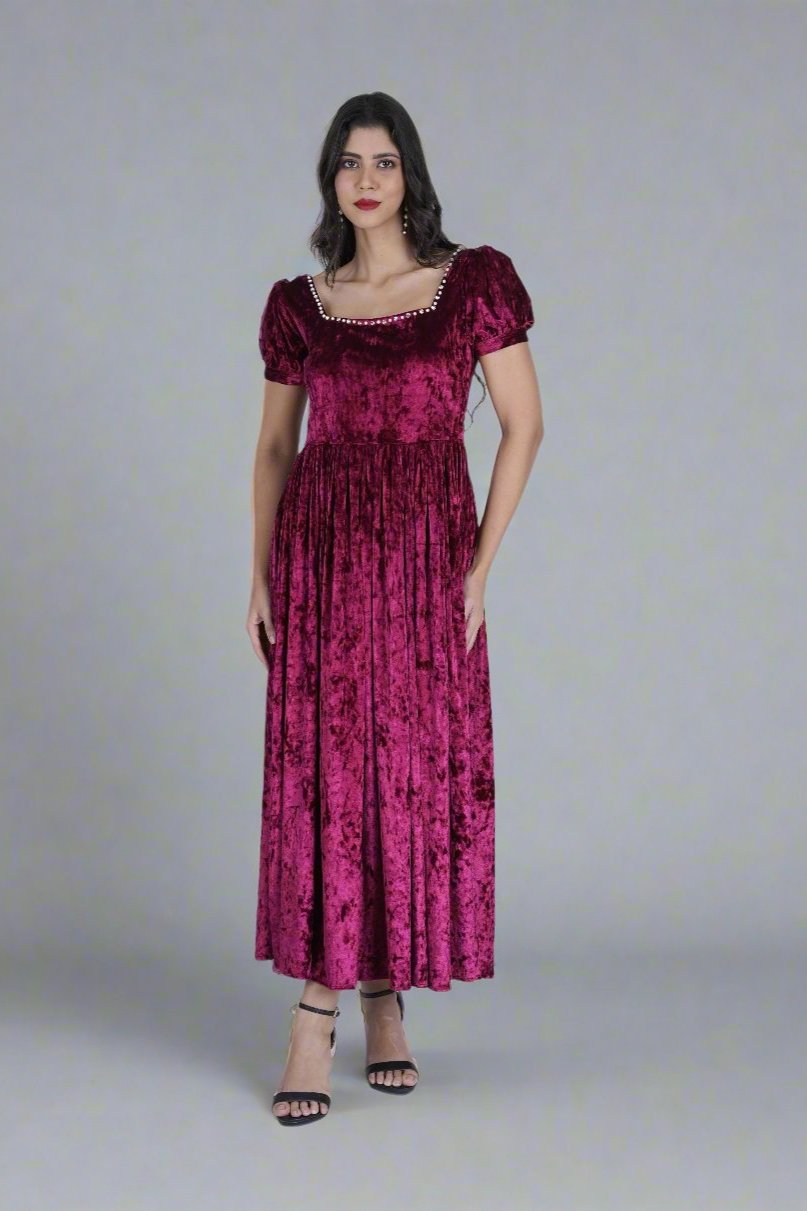 Crimson Square-Neck Velvet Dress with Puff Sleeves