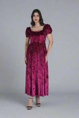 Crimson Square-Neck Velvet Dress With Puff Sleeve