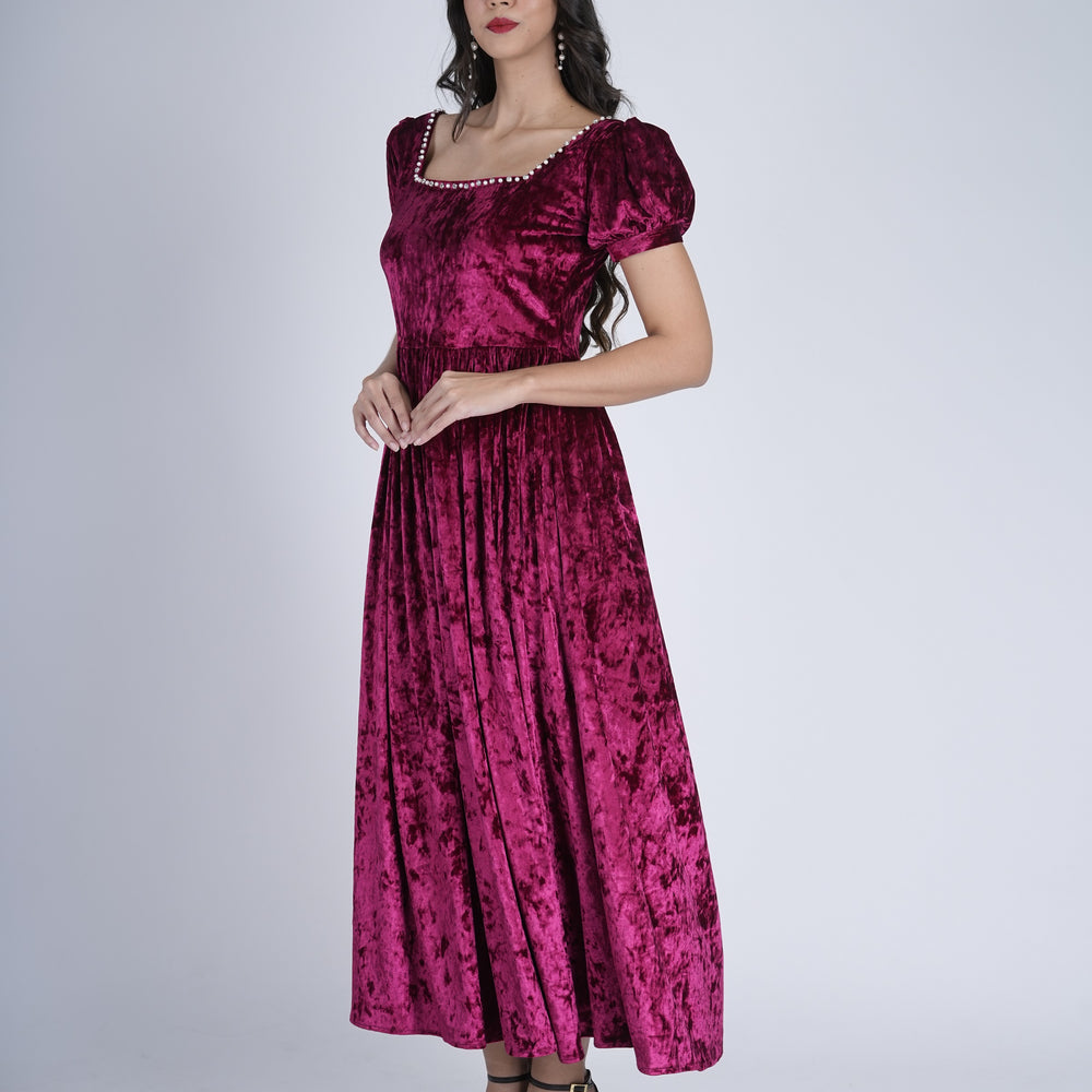 Crimson Square-Neck Velvet Dress with Puff Sleeves