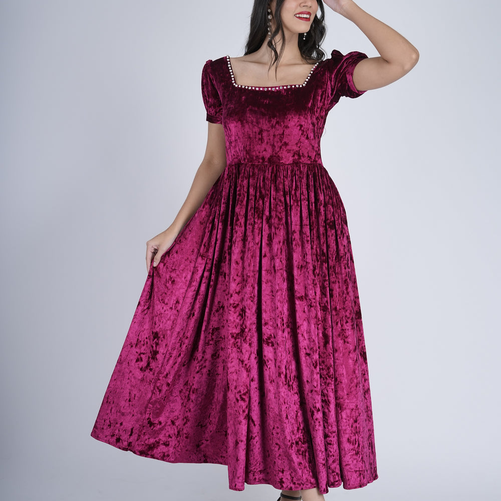 
                      
                        Crimson Square-Neck Velvet Dress with Puff Sleeves
                      
                    