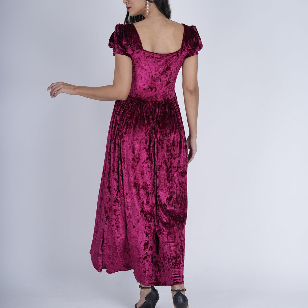 
                      
                        Crimson Square-Neck Velvet Dress with Puff Sleeves
                      
                    