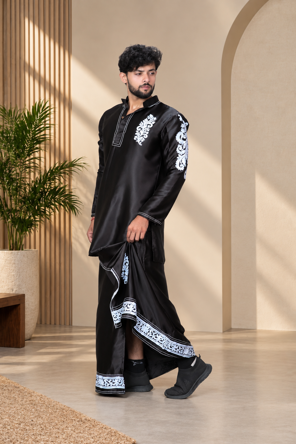 Noir Baroque Satin Silk Kurta Black