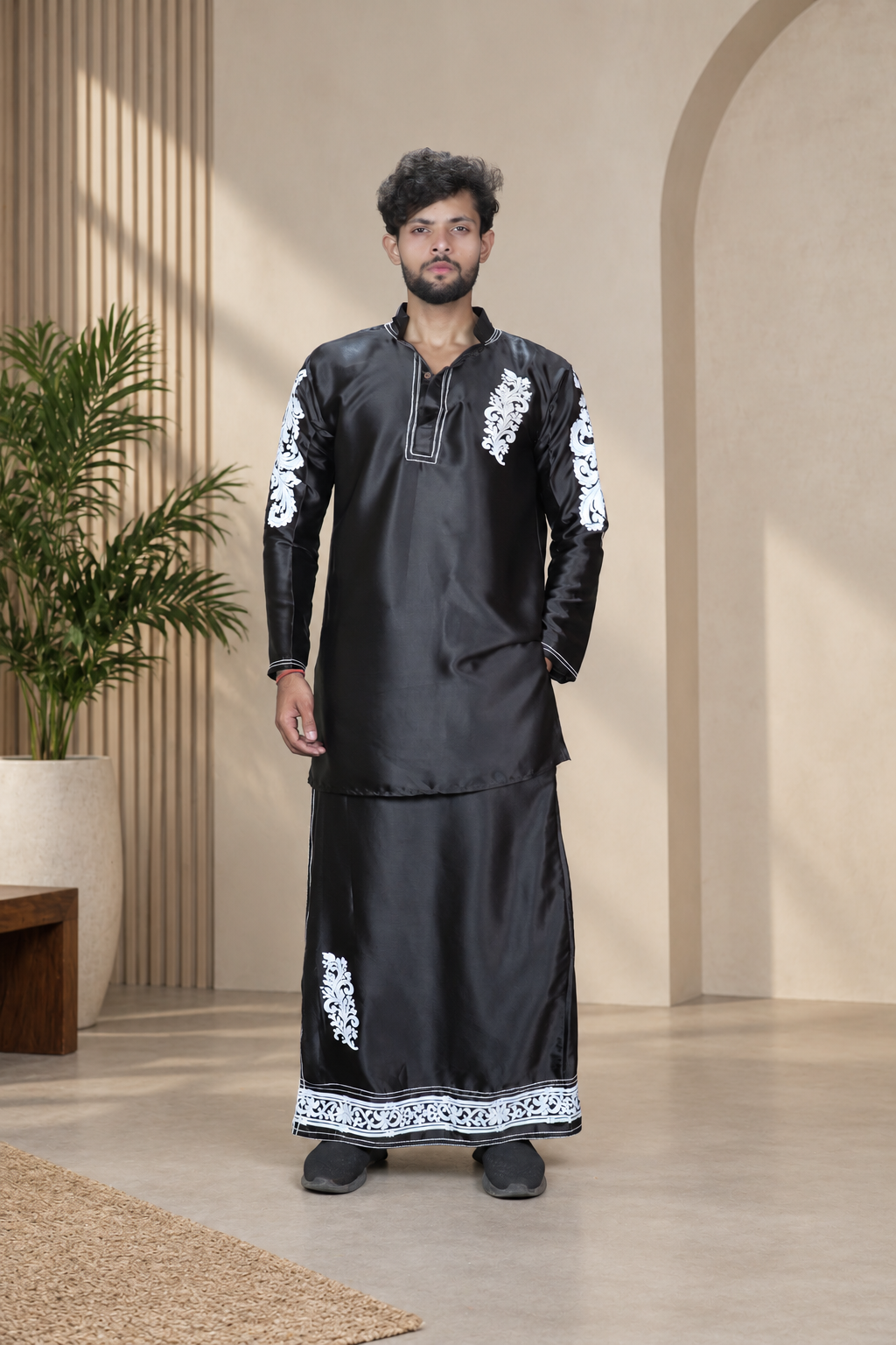 Noir Baroque Satin Silk Kurta Black