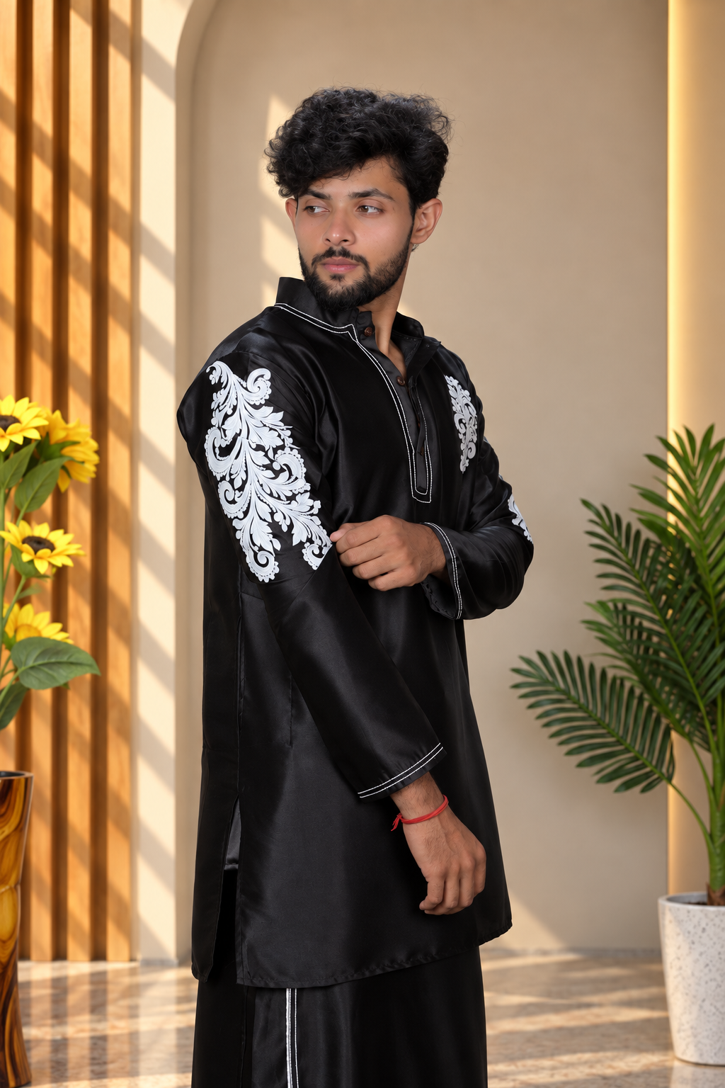 Noir Baroque Satin Silk Kurta Black