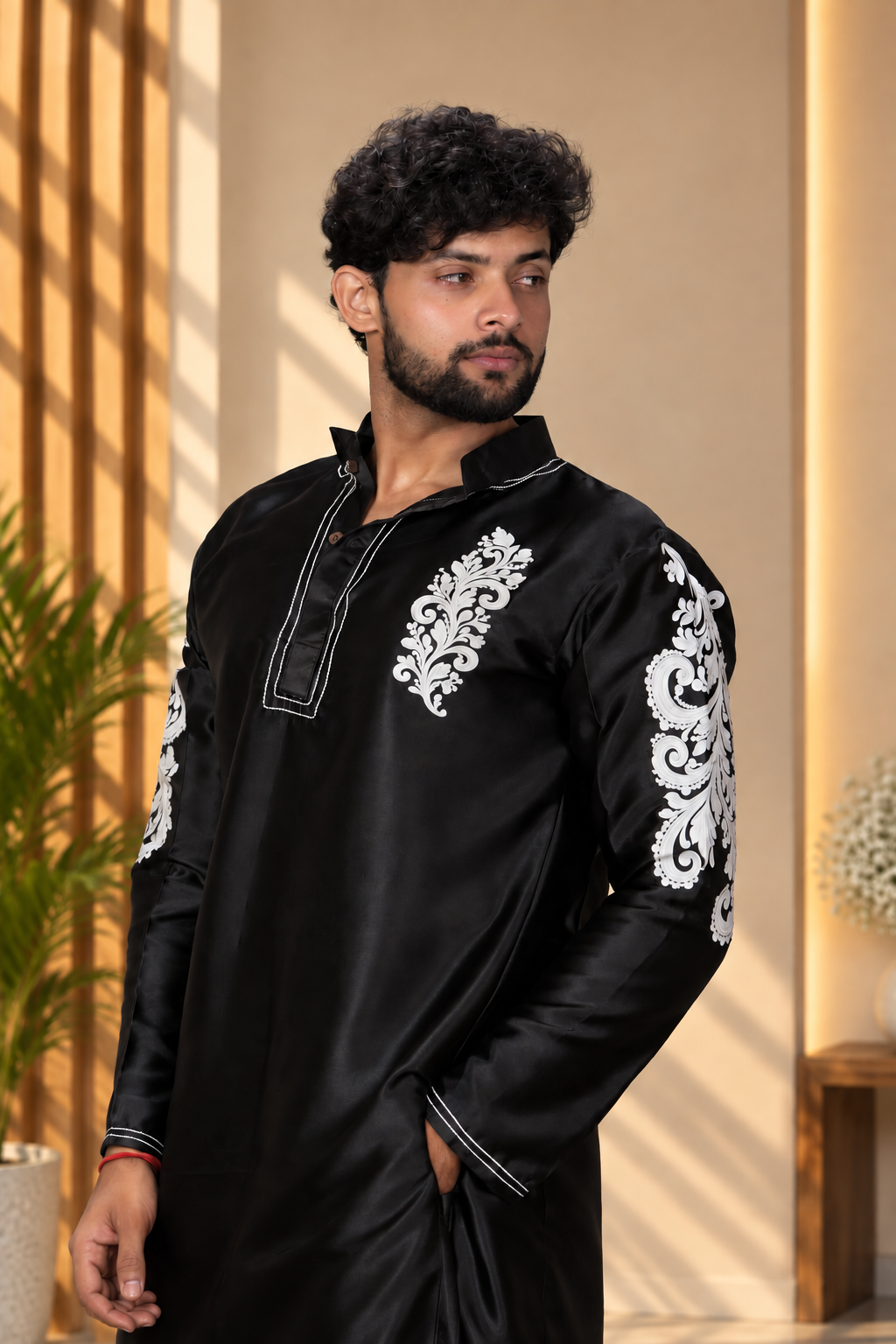 Noir Baroque Satin Silk Kurta Black