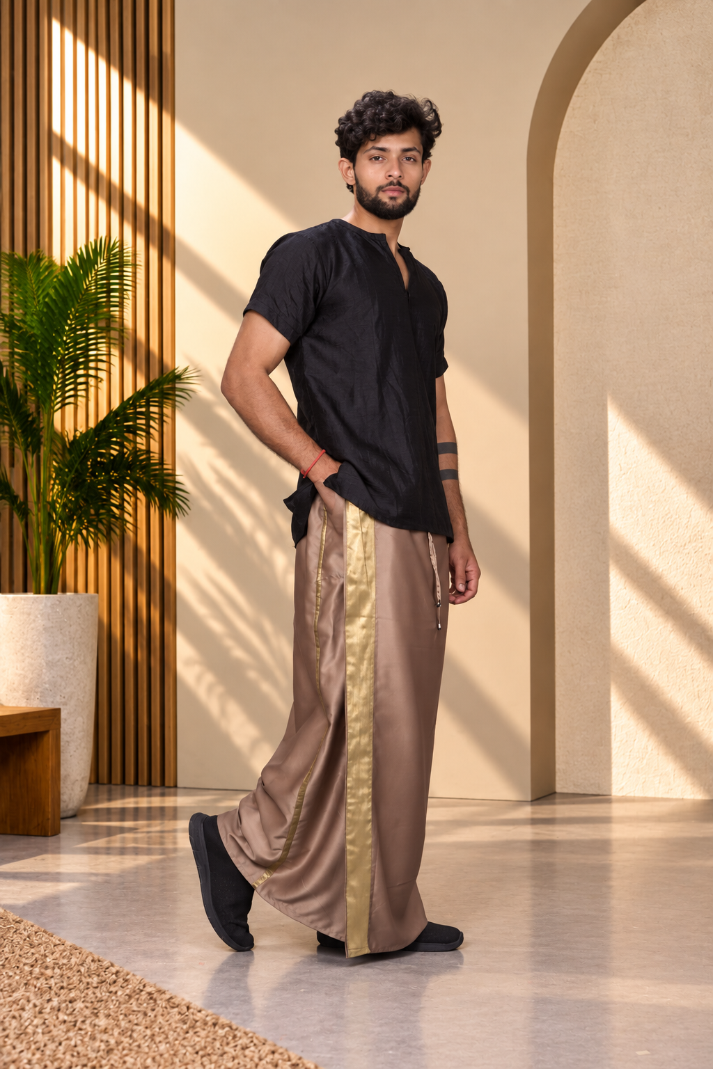 Men Mouse Colour Pajamalungi With Copper Zari Stripe Panel