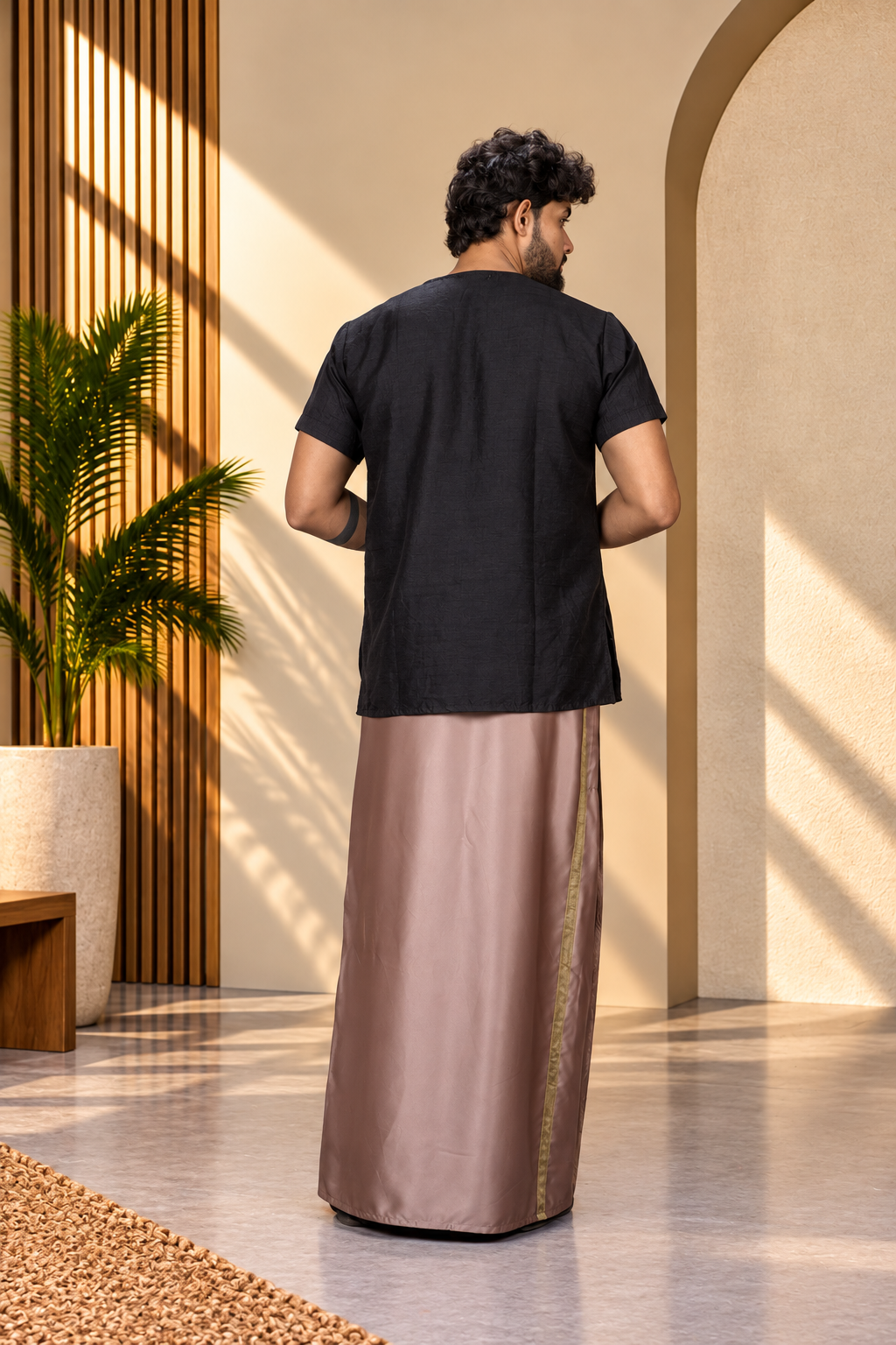 Men Mouse Colour Pajamalungi With Copper Zari Stripe Panel