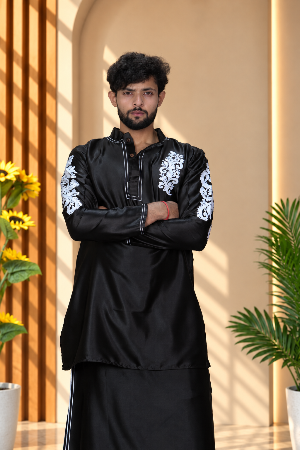 Noir Baroque Satin Silk Kurta Black